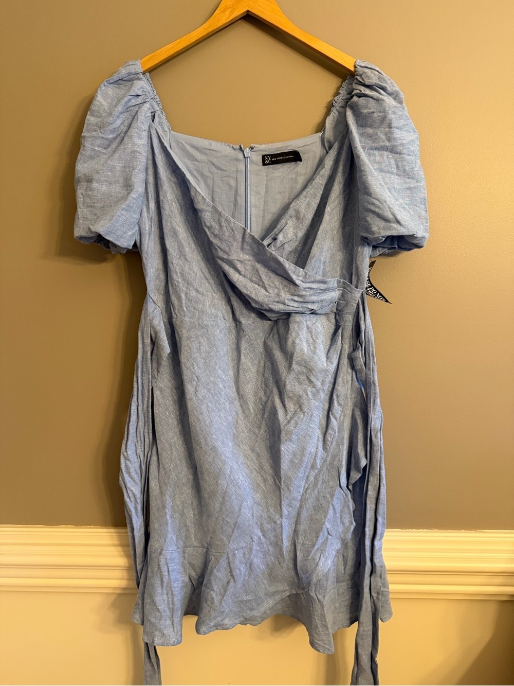 New York & Company Chambray Blue Linen Blend Puff Sleeve Wrap Dress XL